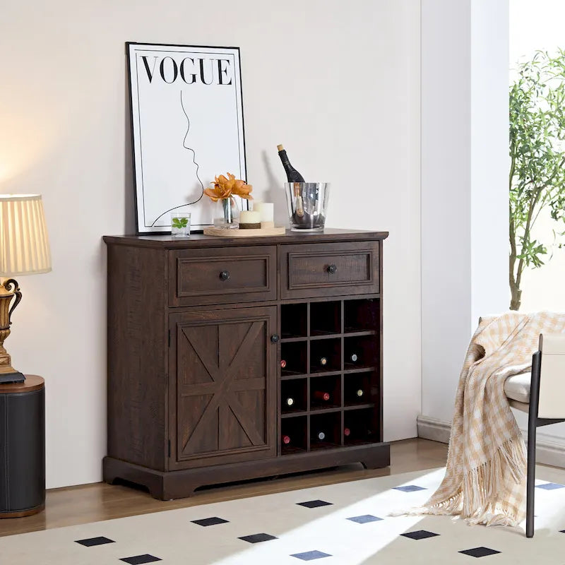 Rustic Buffet Cabinet with 12-Bottle Wine Rack & 2 Drawers