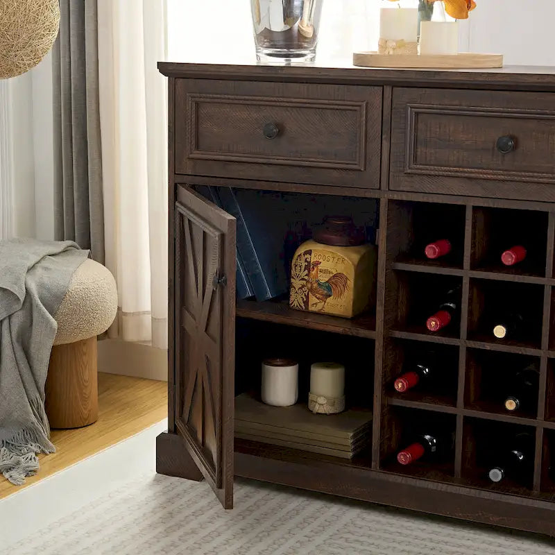 Rustic Buffet Cabinet with 12-Bottle Wine Rack & 2 Drawers