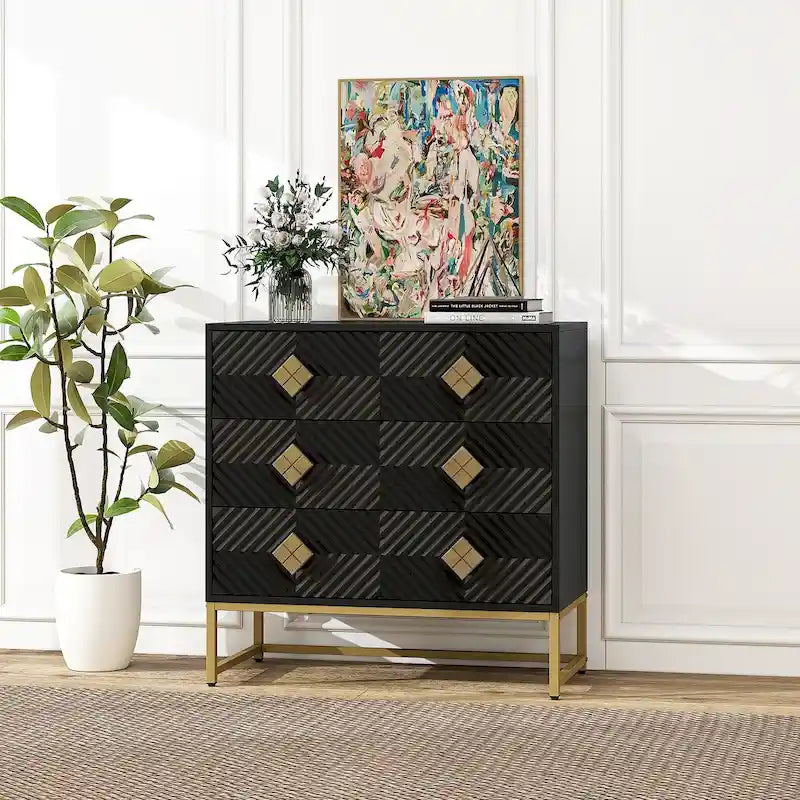 3-Drawer Storage Cabinet with Diamond-Carved Door & Gold Metal Legs