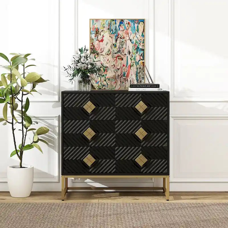 3-Drawer Storage Cabinet with Diamond-Carved Door & Gold Metal Legs