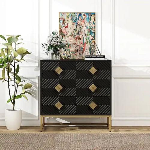 3-Drawer Storage Cabinet with Diamond-Carved Door & Gold Metal Legs