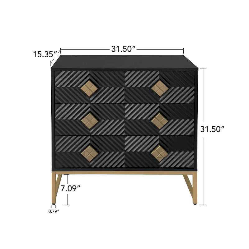 3-Drawer Storage Cabinet with Diamond-Carved Door & Gold Metal Legs