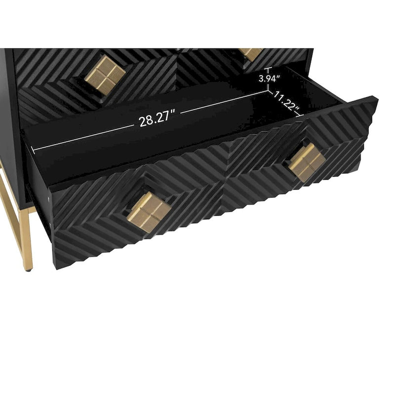 3-Drawer Storage Cabinet with Diamond-Carved Door & Gold Metal Legs