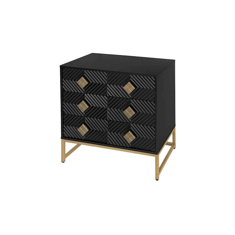 3-Drawer Storage Cabinet with Diamond-Carved Door & Gold Metal Legs