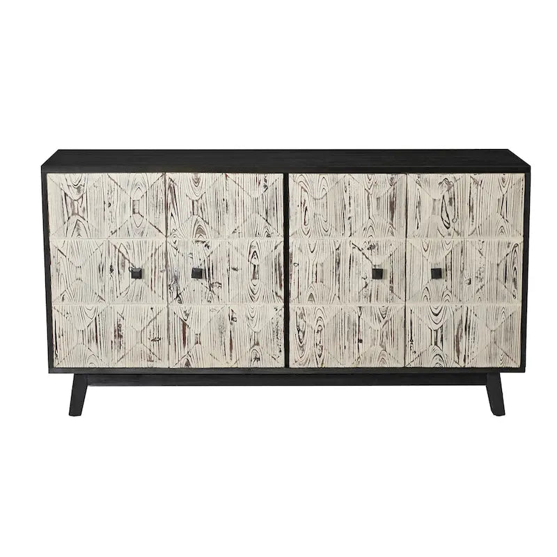 60" Vintage 4-Door Sideboard with Relief Panel Design & Pine Legs