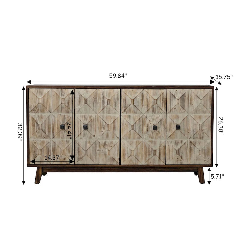 60" Vintage 4-Door Sideboard with Relief Panel Design & Pine Legs