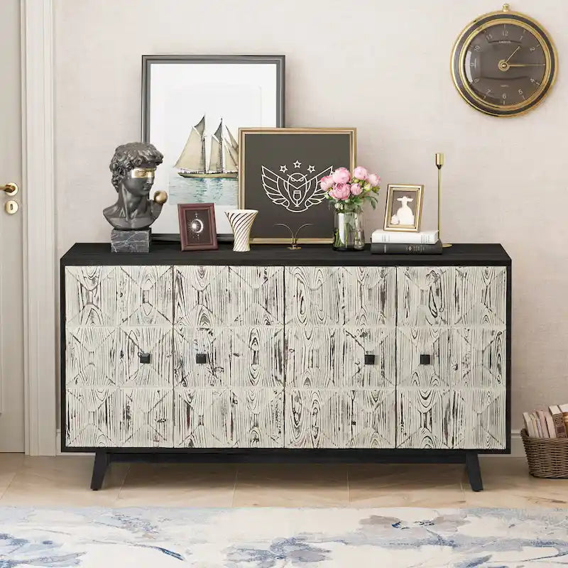 60" Vintage 4-Door Sideboard with Relief Panel Design & Pine Legs