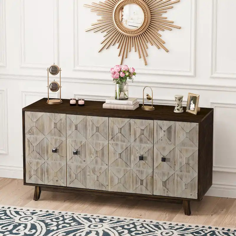 60" Vintage 4-Door Sideboard with Relief Panel Design & Pine Legs