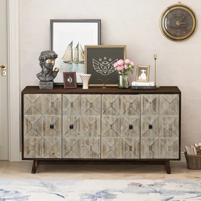 60" Vintage 4-Door Sideboard with Relief Panel Design & Pine Legs