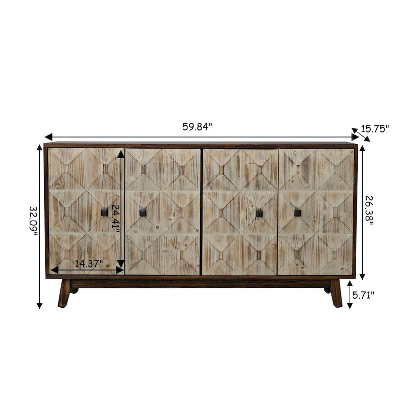 60" Vintage 4-Door Sideboard with Relief Panel Design & Pine Legs