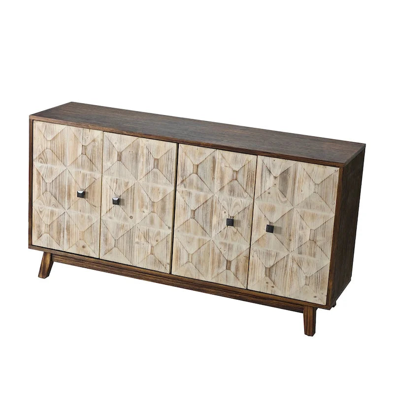 60" Vintage 4-Door Sideboard with Relief Panel Design & Pine Legs