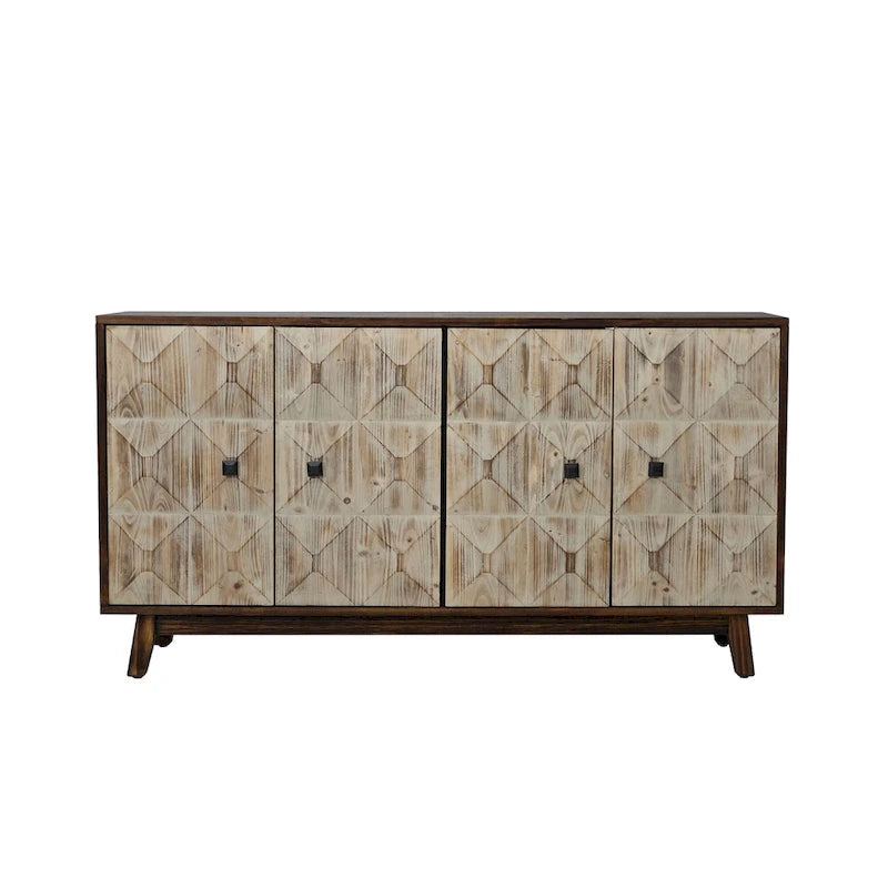 60" Vintage 4-Door Sideboard with Relief Panel Design & Pine Legs