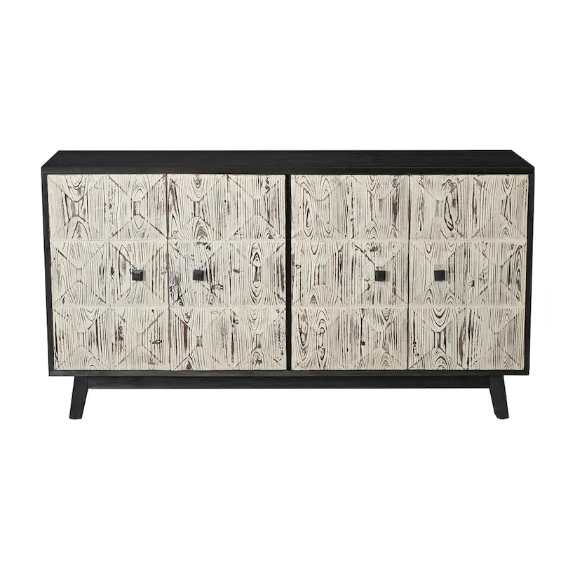 60" Vintage 4-Door Sideboard with Relief Panel Design & Pine Legs