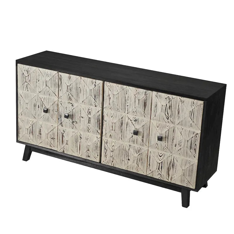 60" Vintage 4-Door Sideboard with Relief Panel Design & Pine Legs