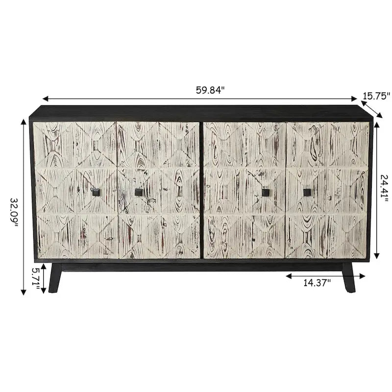 60" Vintage 4-Door Sideboard with Relief Panel Design & Pine Legs