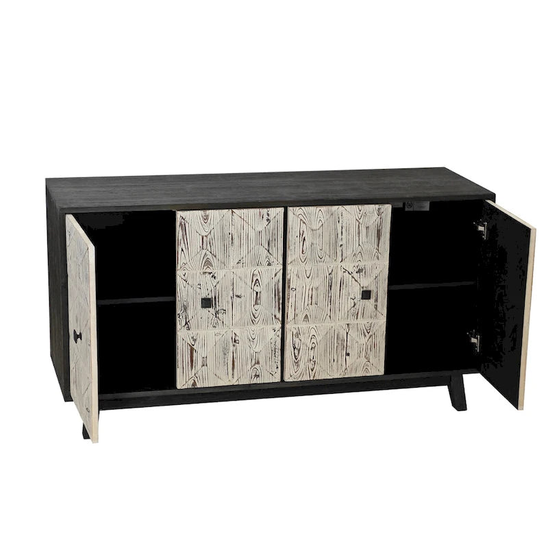 60" Vintage 4-Door Sideboard with Relief Panel Design & Pine Legs