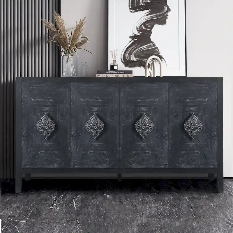 Antique Four-Door Cabinet with Carved Handles