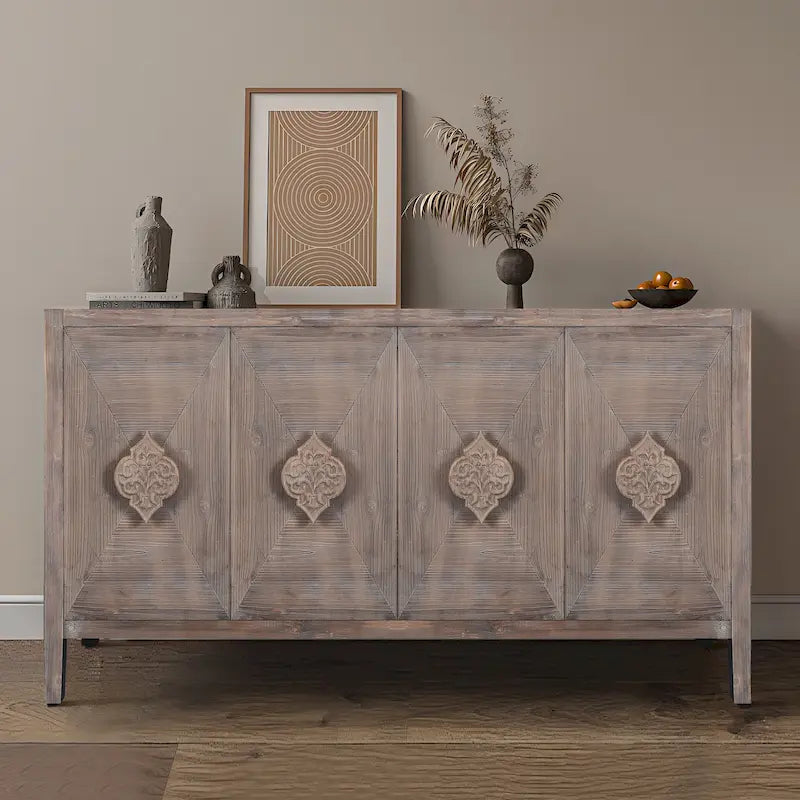 Antique Four-Door Cabinet with Carved Handles