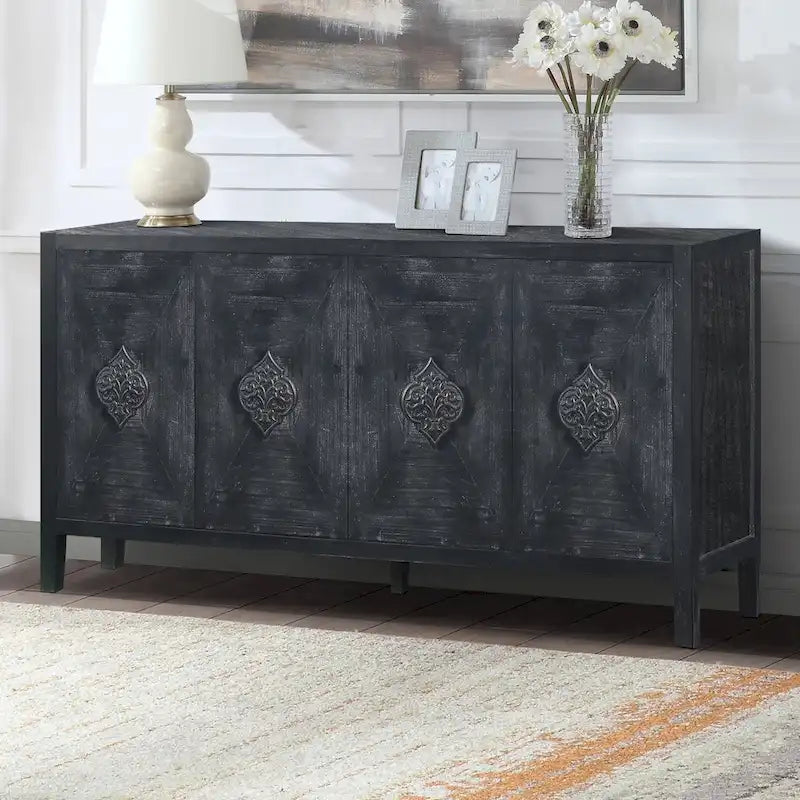 Antique Four-Door Cabinet with Carved Handles