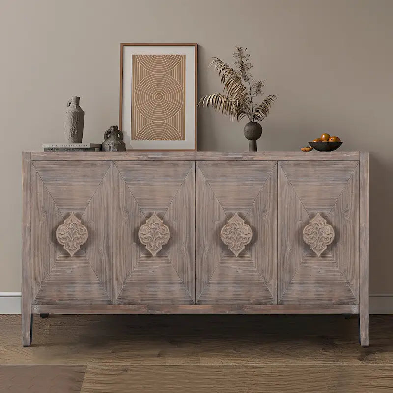 Antique Four-Door Cabinet with Carved Handles