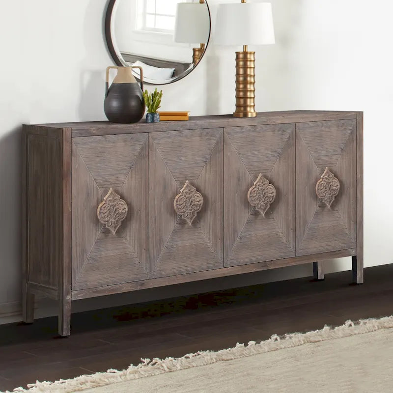 Antique Four-Door Cabinet with Carved Handles