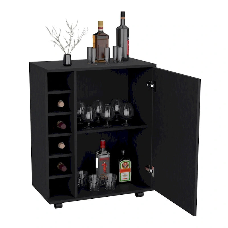 Rolling Bar Cart with Wine Storage and Cabinet Shelf