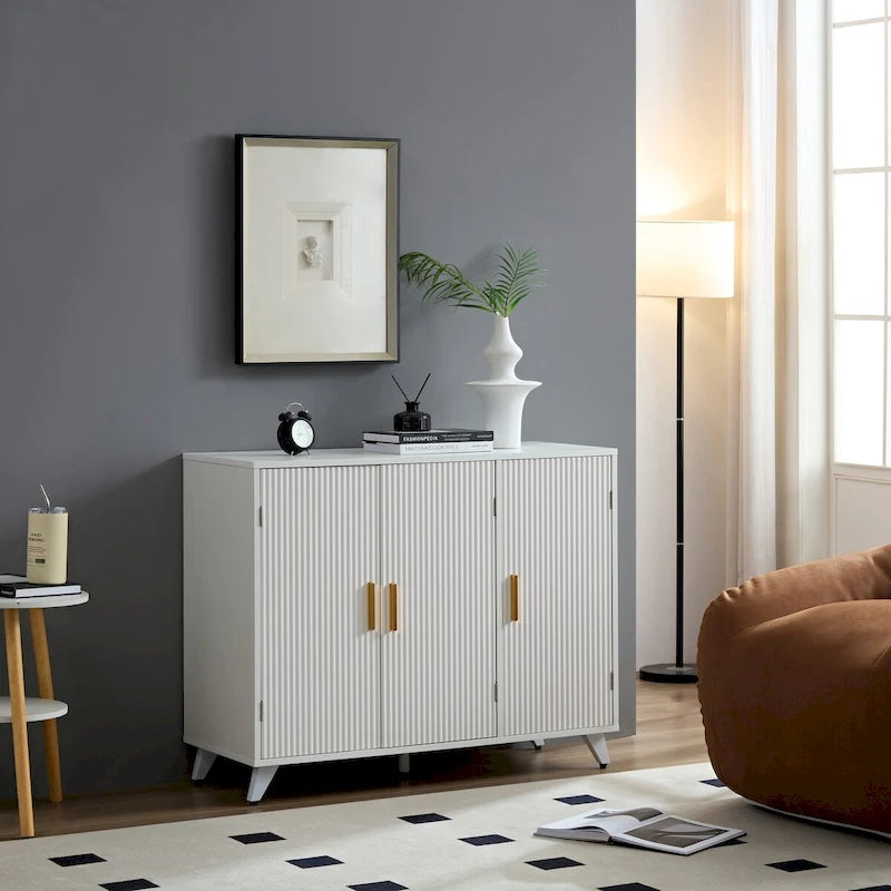 Wavy Textured Bamboo Door Sideboard with Adjustable Shelf and Gold Handle