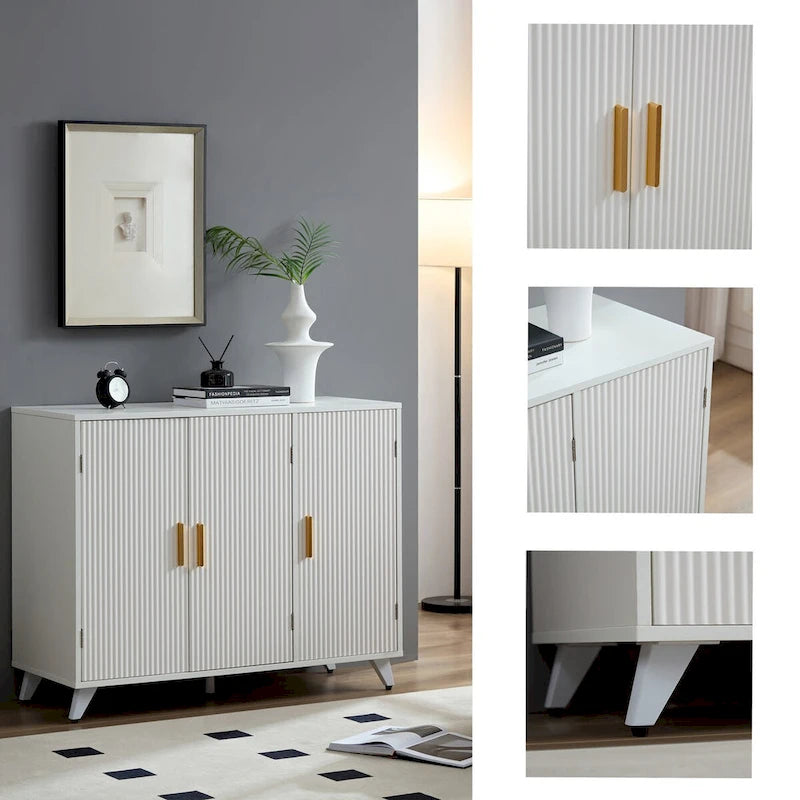 Wavy Textured Bamboo Door Sideboard with Adjustable Shelf and Gold Handle