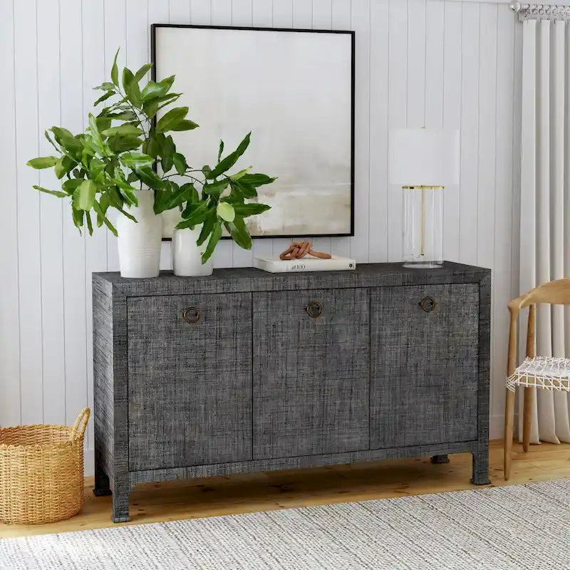 60" Woven Raffia 3-Door Sideboard with Brass Pulls & Adjustable Shelf