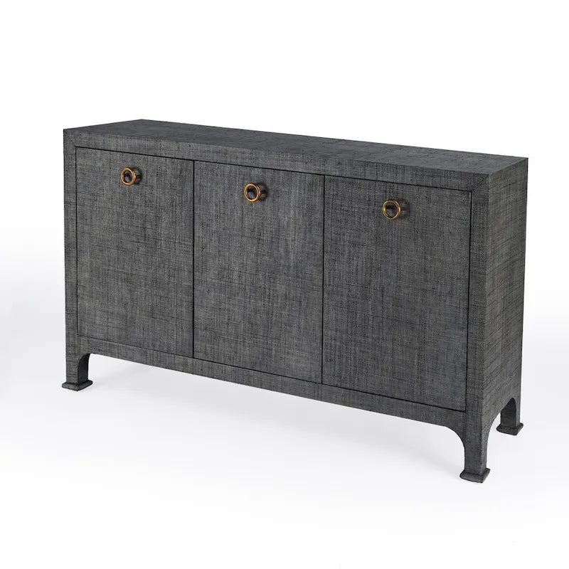 60" Woven Raffia 3-Door Sideboard with Brass Pulls & Adjustable Shelf