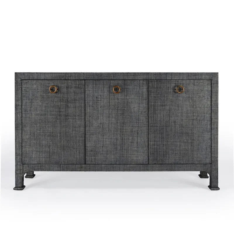 60" Woven Raffia 3-Door Sideboard with Brass Pulls & Adjustable Shelf