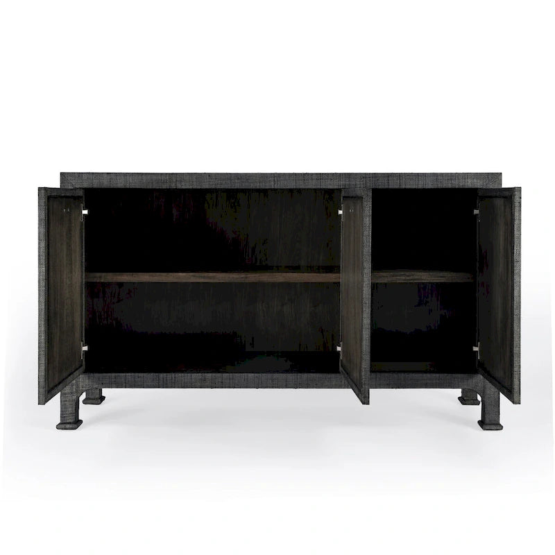 60" Woven Raffia 3-Door Sideboard with Brass Pulls & Adjustable Shelf