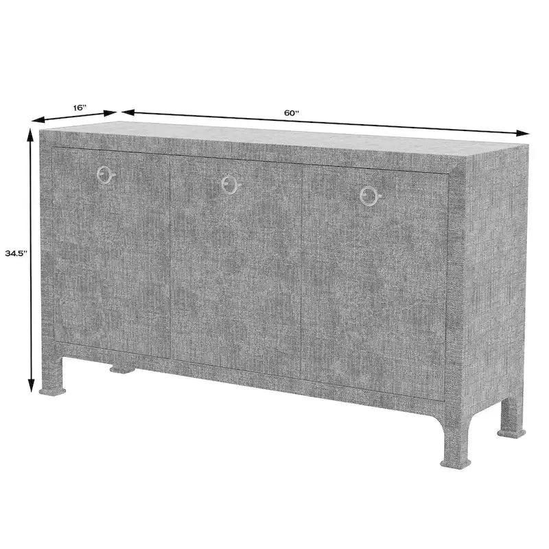 60" Woven Raffia 3-Door Sideboard with Brass Pulls & Adjustable Shelf