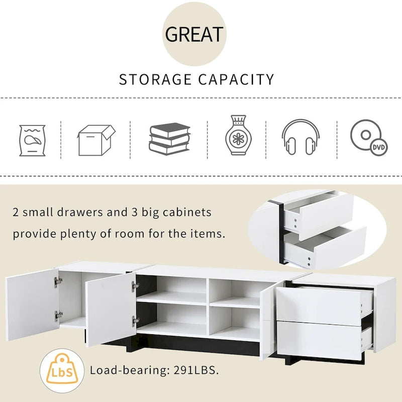 Modern TV Stand with 2 Drawers & 3 Cabinets – Fits TVs Up to 80"