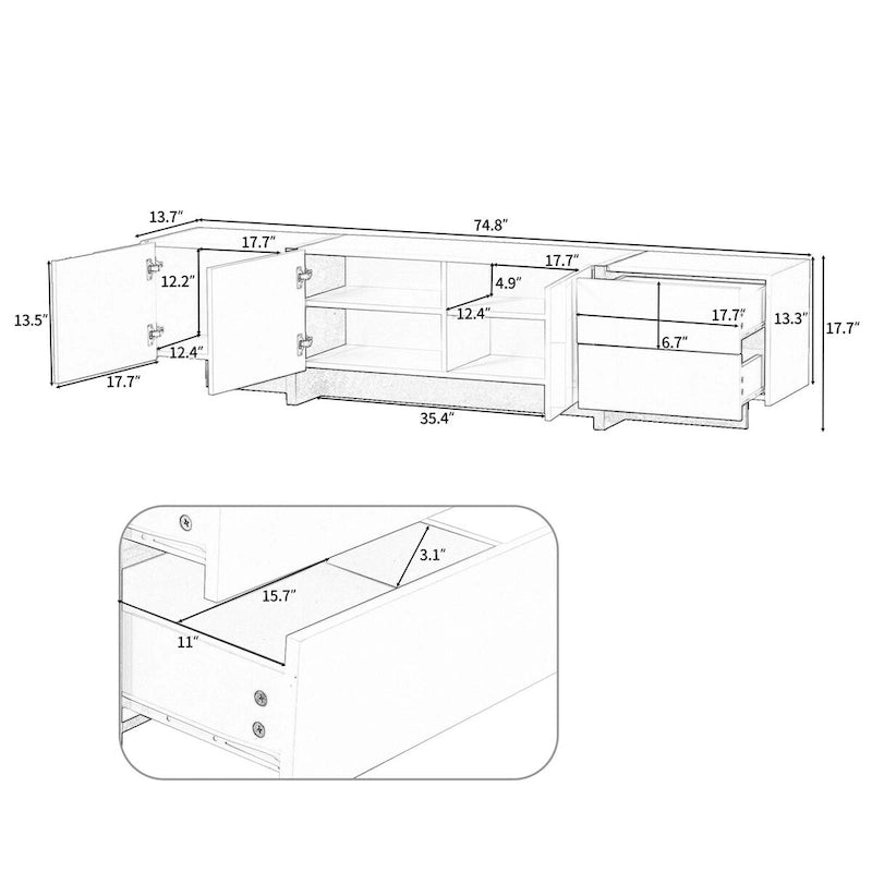 Modern TV Stand with 2 Drawers & 3 Cabinets – Fits TVs Up to 80"