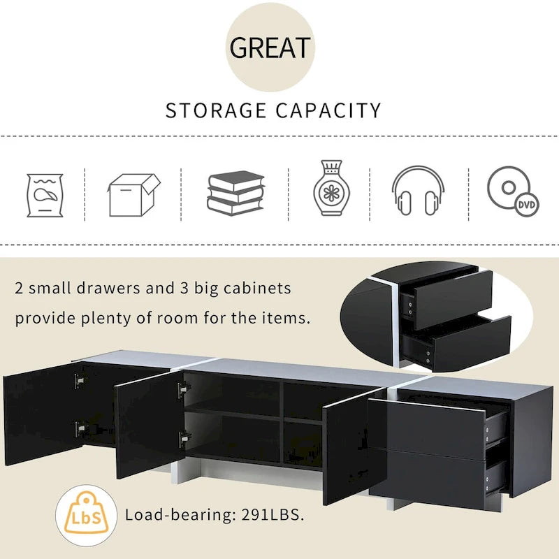 Modern TV Stand with 2 Drawers & 3 Cabinets – Fits TVs Up to 80"