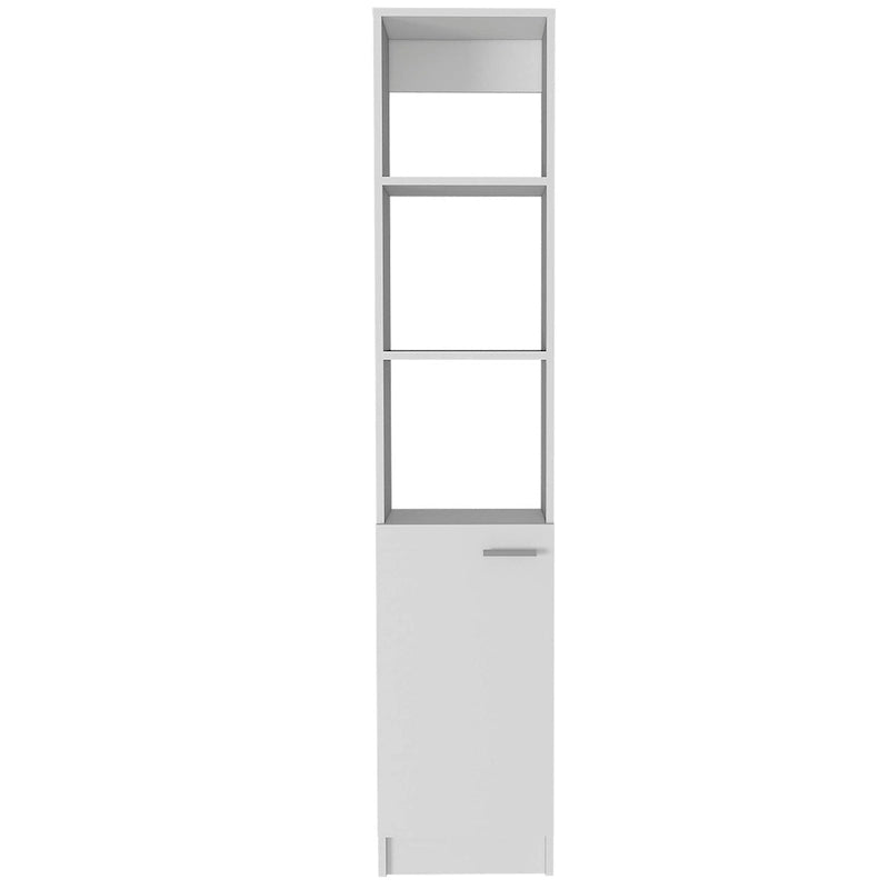 Single-Door Linen Storage Cabinet with 3 Open Shelves – Weathered Oak Finish
