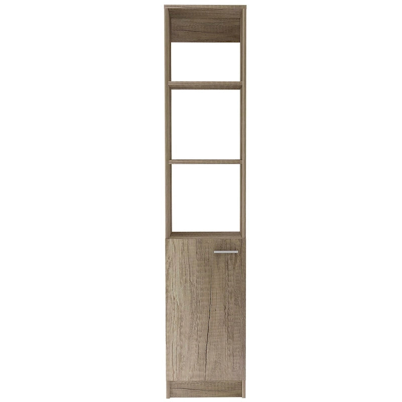 Single-Door Linen Storage Cabinet with 3 Open Shelves – Weathered Oak Finish