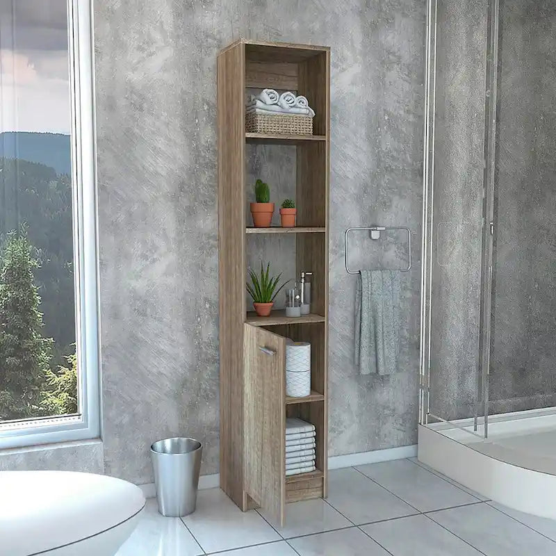 Single-Door Linen Storage Cabinet with 3 Open Shelves – Weathered Oak Finish