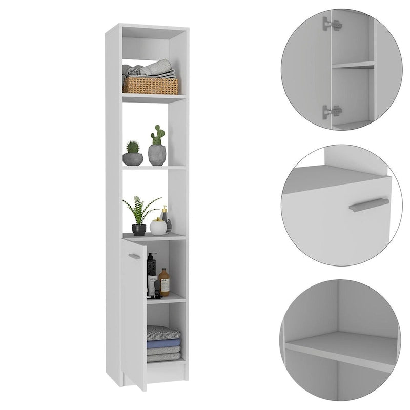 Single-Door Linen Storage Cabinet with 3 Open Shelves – Weathered Oak Finish