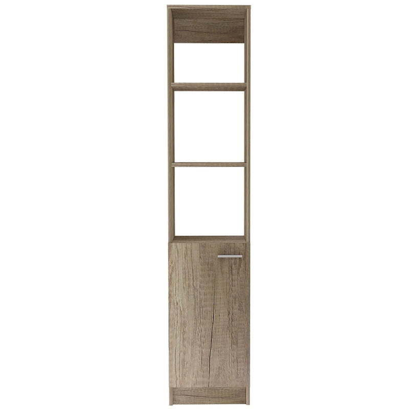 Single-Door Linen Storage Cabinet with 3 Open Shelves – Weathered Oak Finish