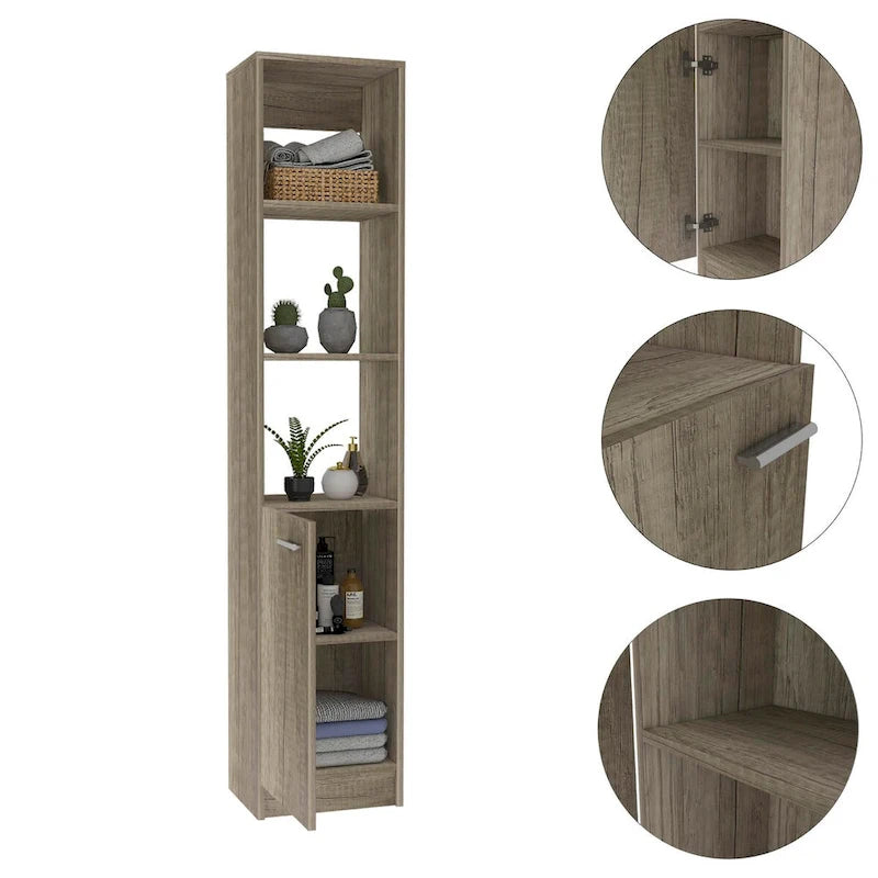 Single-Door Linen Storage Cabinet with 3 Open Shelves – Weathered Oak Finish