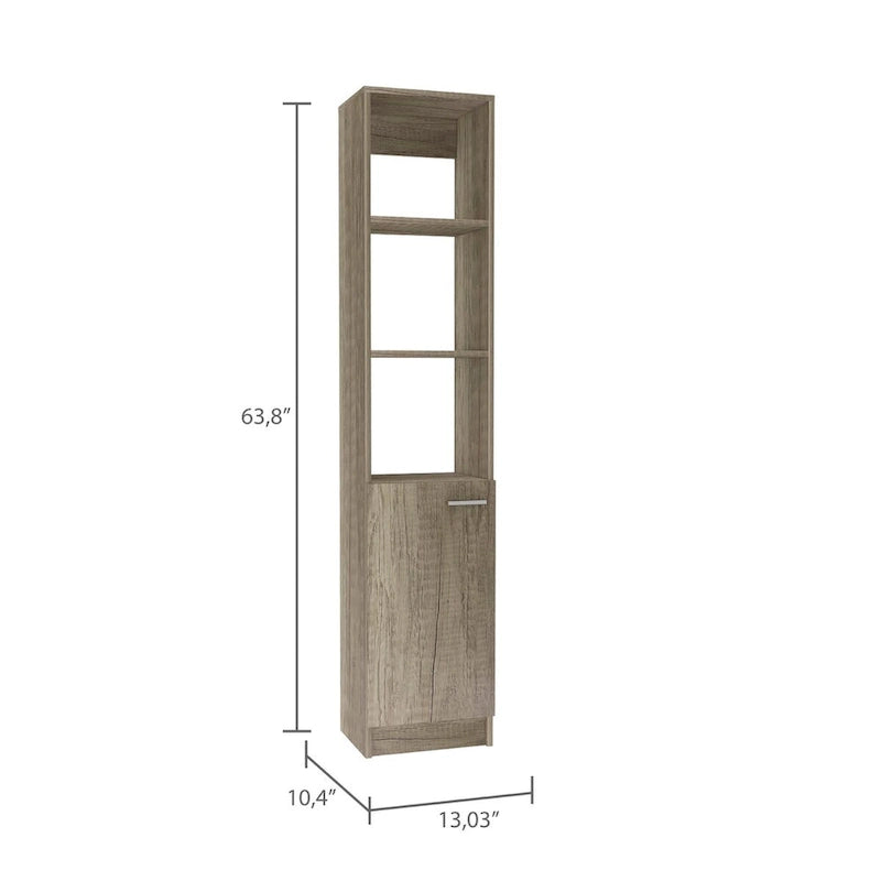 Single-Door Linen Storage Cabinet with 3 Open Shelves – Weathered Oak Finish
