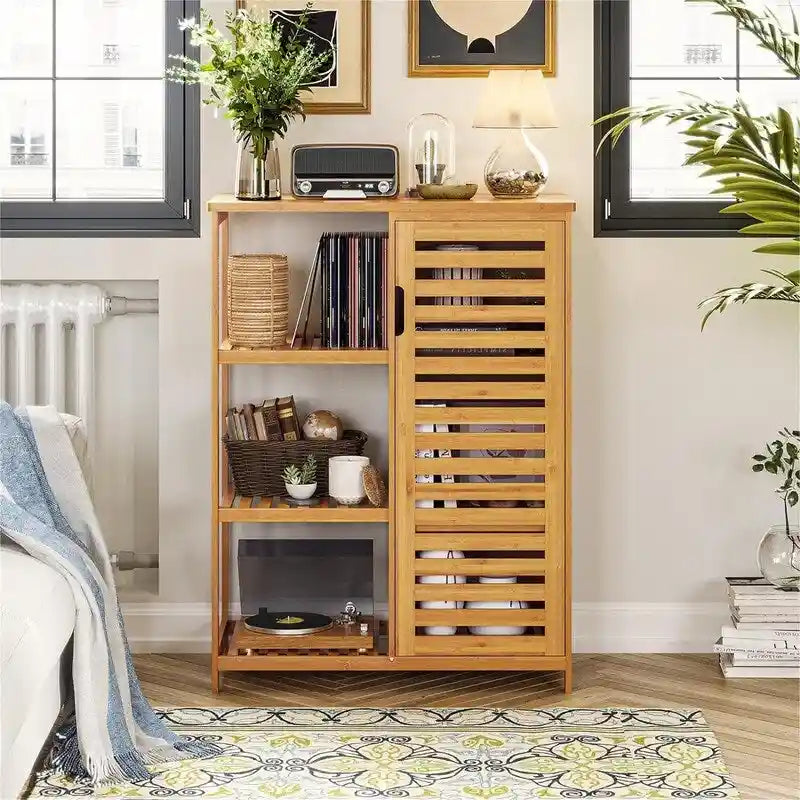 Bamboo Bathroom Storage Cabinet with Shutter Door and 3 Open Side Shelves