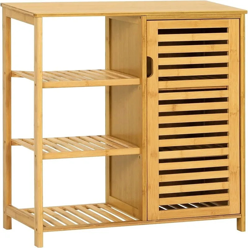 Bamboo Bathroom Storage Cabinet with Shutter Door and 3 Open Side Shelves