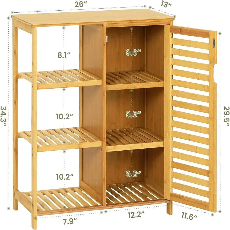 Bamboo Bathroom Storage Cabinet with Shutter Door and 3 Open Side Shelves