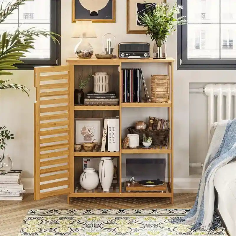 Bamboo Bathroom Storage Cabinet with Shutter Door and 3 Open Side Shelves