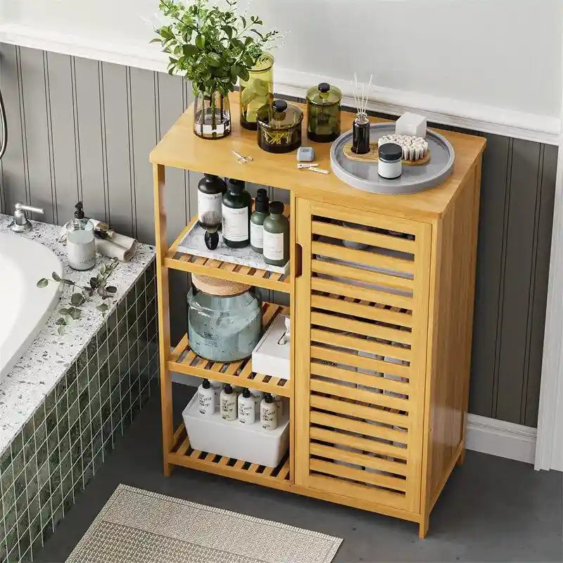 Bamboo Bathroom Storage Cabinet with Shutter Door and 3 Open Side Shelves