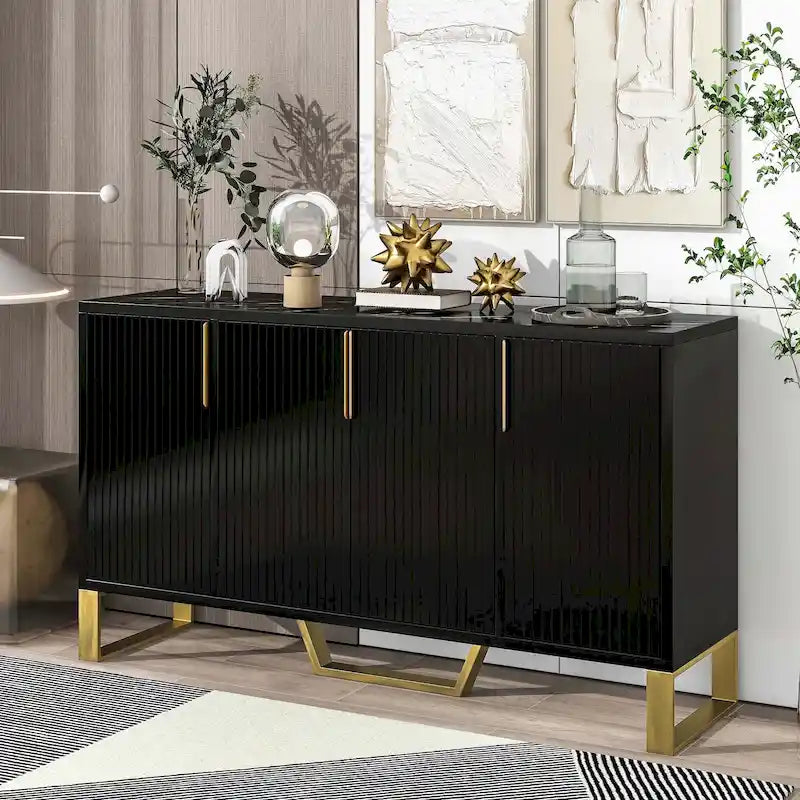 Modern Luxury 4-Door Sideboard with Marble-Look Top, Pinstripe Doors & Gold Legs