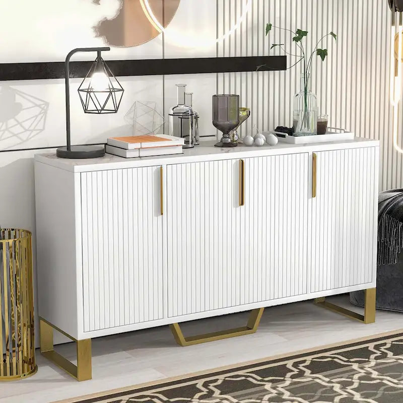 Modern Luxury 4-Door Sideboard with Marble-Look Top, Pinstripe Doors & Gold Legs
